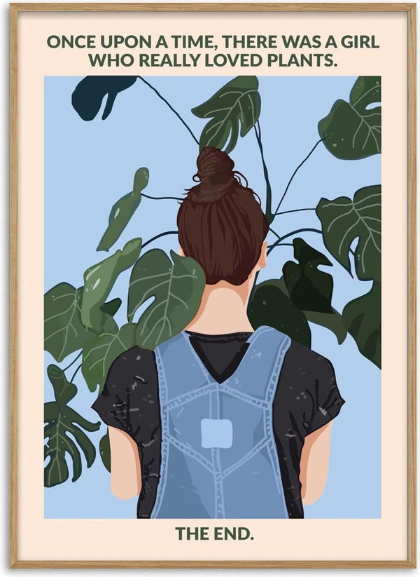 Illustration of a girl in overalls with her back to the viewer, surrounded by lush green plants.