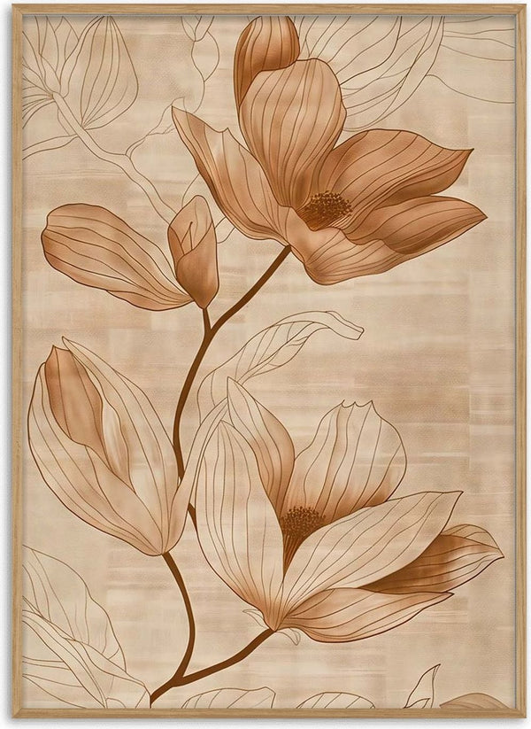 Brown magnolia flowers with fine line details and soft shading on a beige textured background.