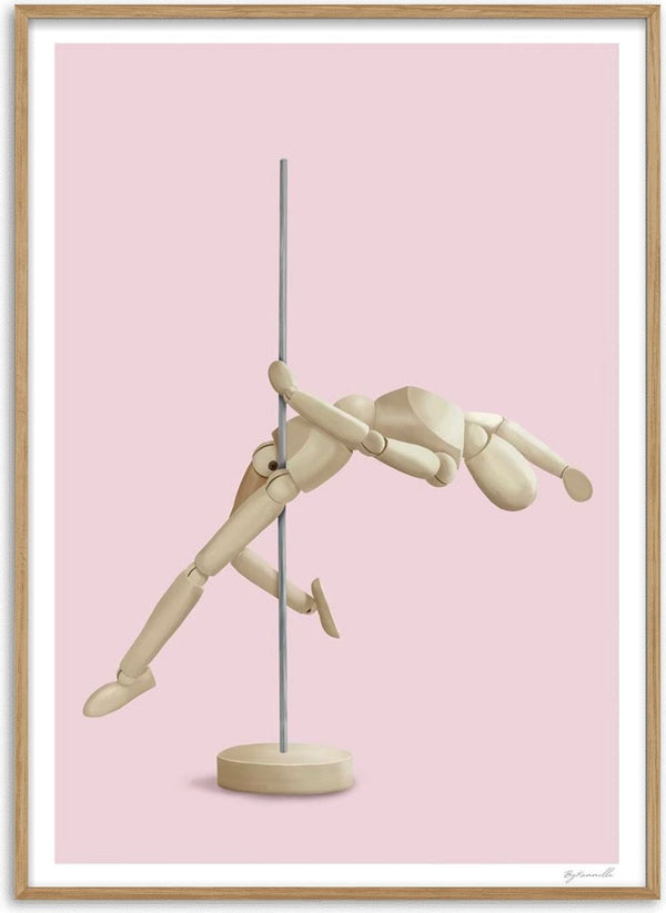 Wooden mannequin performing a pole dance move against a pink background. Product: Pole Dancer - ByKammille.