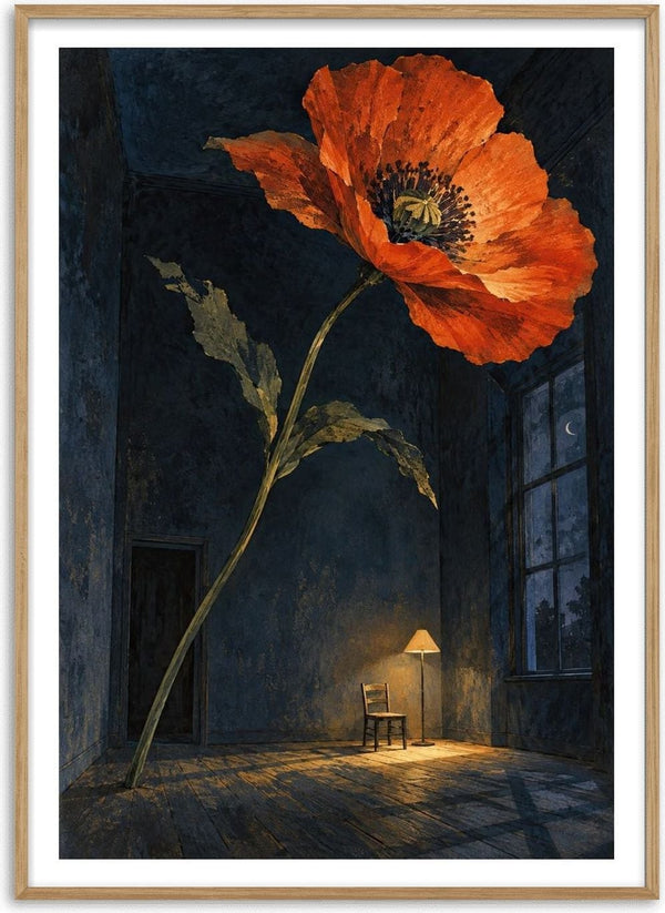 Poppy After Midnight by Matthews Gallerie - a giant orange poppy in a dark blue room lit by one lamp