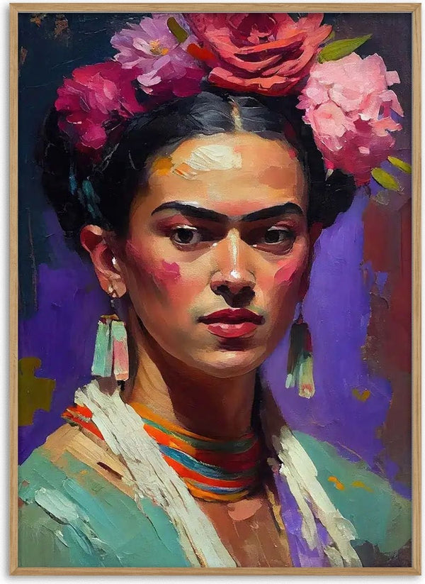 A colorful portrait of a Mexican artist with flowers in her hair, vibrant earrings, and a confident expression.