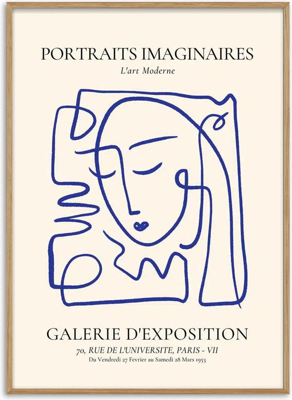 Abstract blue line drawing of a face with text for Portraits Imaginaires Blue Plakat exhibition on a cream background.
