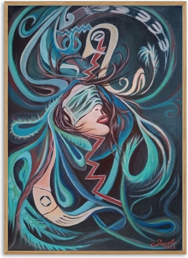 Post-Pandemic by Cristina Iacob - a blindfolded woman's head among coiling turquoise ribbons on near-black