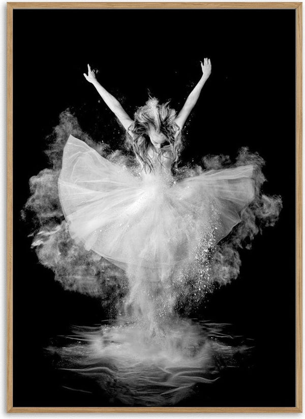 Ballerina in white dress leaps, powder bursts around her; dynamic dance artwork from Powder Burst - Pauline Pentony Plakat.