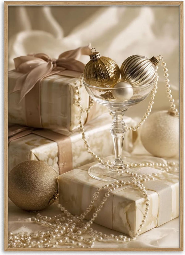 Elegant ornaments and pearl garlands displayed with beautifully wrapped presents in soft, festive lighting.