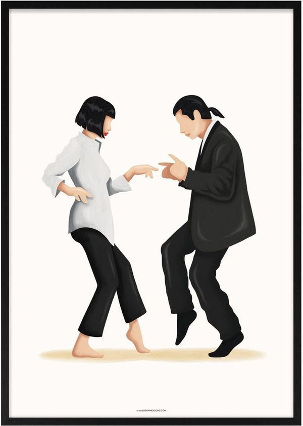 Illustration of two characters dancing, inspired by Pulp Fiction, with minimalist style by Nour Tohme.