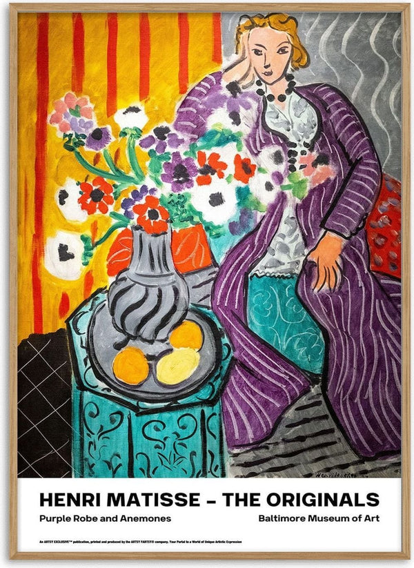 Painting of a woman in a purple robe seated by anemones, inspired by Henri Matisse's "Purple Robe and Anemones."