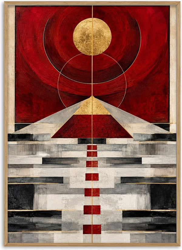 Pyramid by RA - a gold disc over a red ground above a pyramid and stepped grey bands