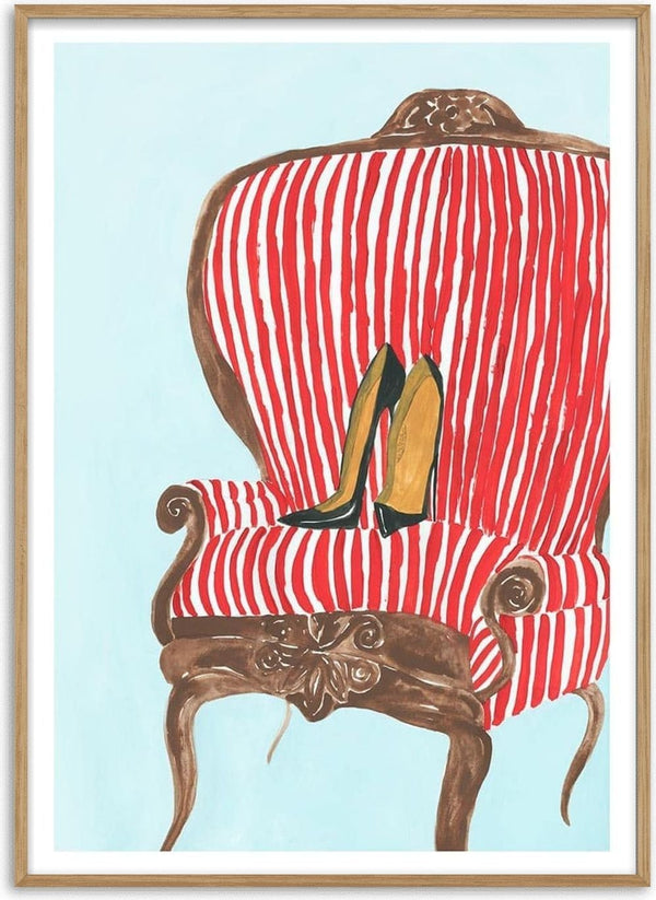 Illustration of a red and white striped vintage chair with high-heeled shoes on the seat by Martina Karlsson.