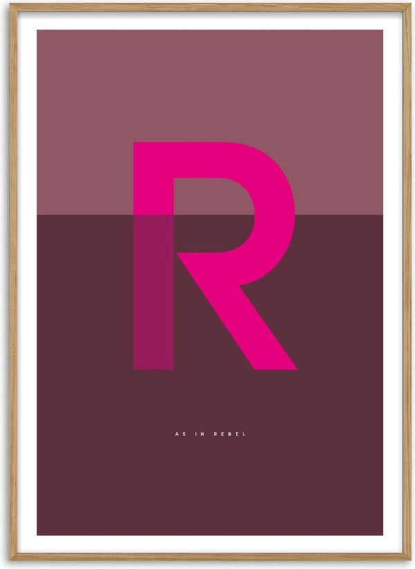 R as in Rebel – Cerise by Quite Nice Prints - a cerise capital R on mauve and deep plum