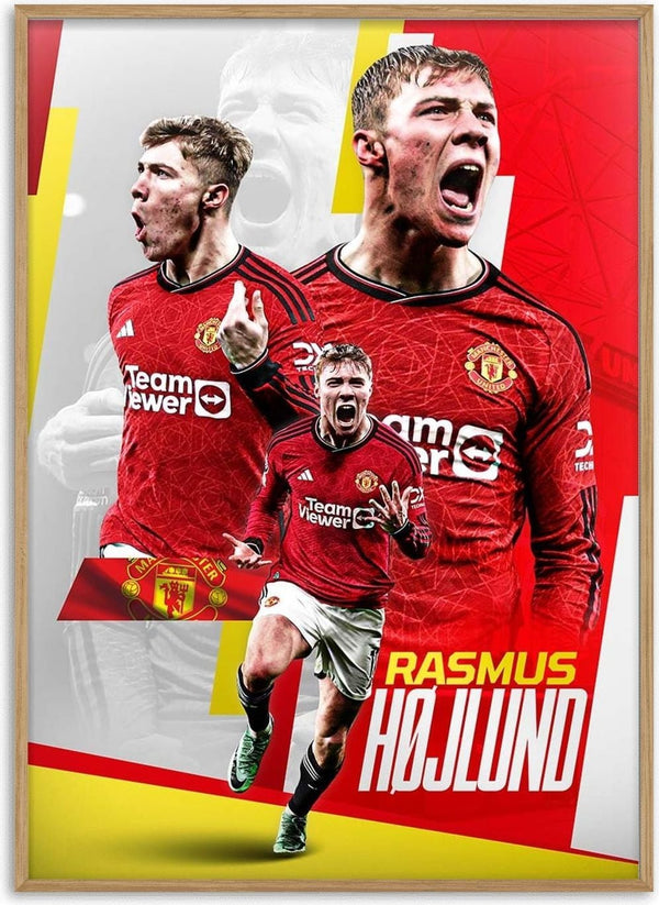 Rasmus Højlund celebrates passionately in his Manchester United kit on a vibrant football poster.