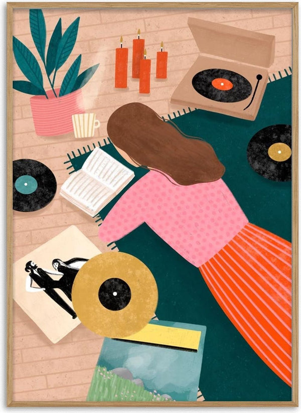 Illustration of a woman reading on a rug with vinyl records and a record player, evoking relaxation.