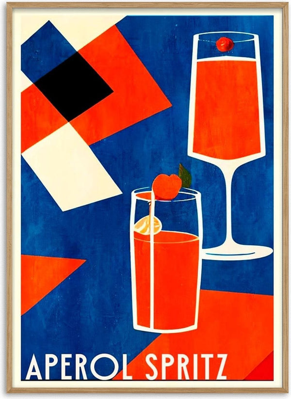 Two glasses of vibrant red Aperol Spritz cocktails with garnishes on a bold geometric background.