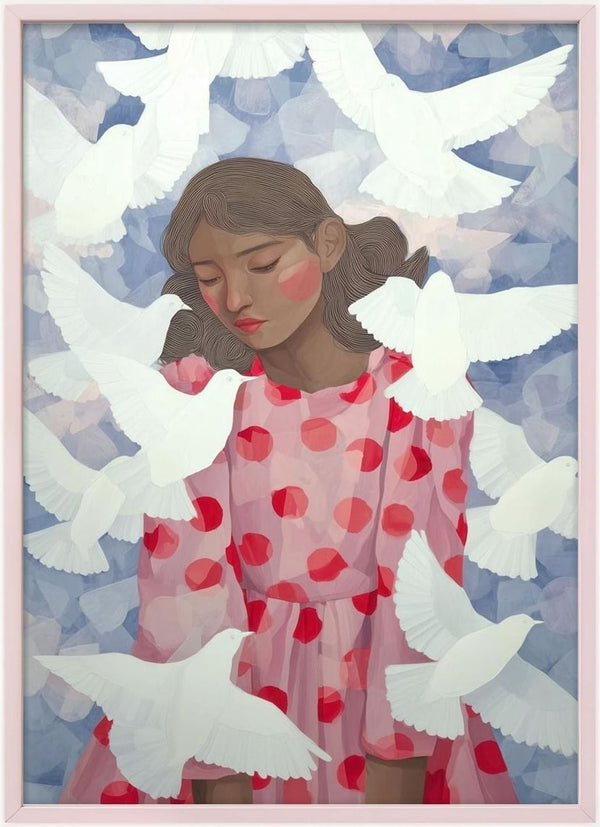 Illustration of a girl in a red polka dot dress surrounded by white birds, from Red Dress Birds by Martina Karlsson.