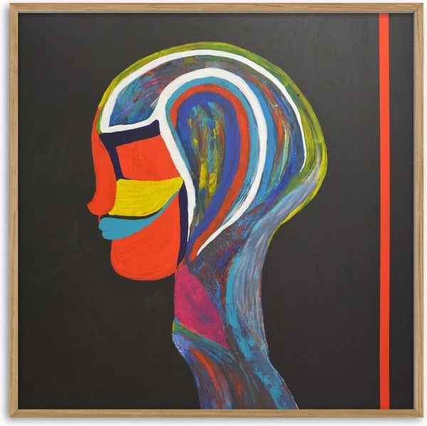 RED LINE by Ali Kasap - a profile head in bands of blue, yellow and red on black