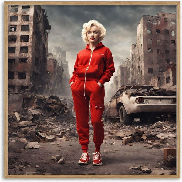 Red Velvet Apocalypse by Devour Art - Marilyn Monroe in a red tracksuit in a bombed-out street
