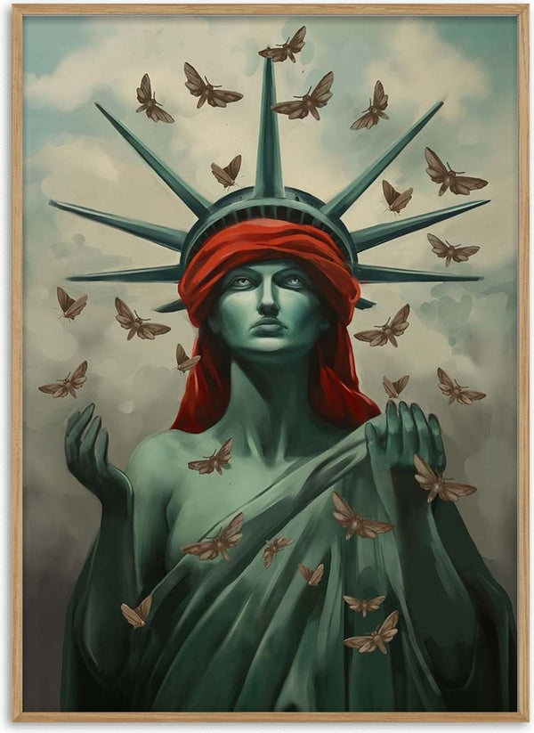 Statue of Liberty with a red blindfold, surrounded by moths against a cloudy sky; Repeat After Me - Tara Green.