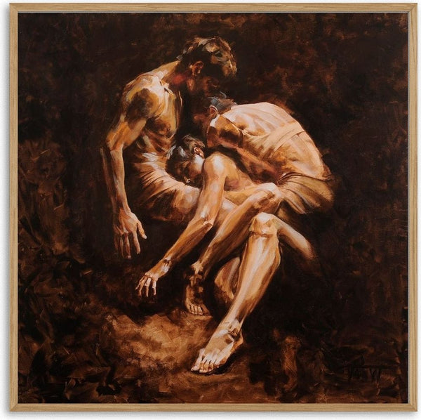 Rest by VanW - three figures in pale cloth leaning into one another on the ground in cream and ochre