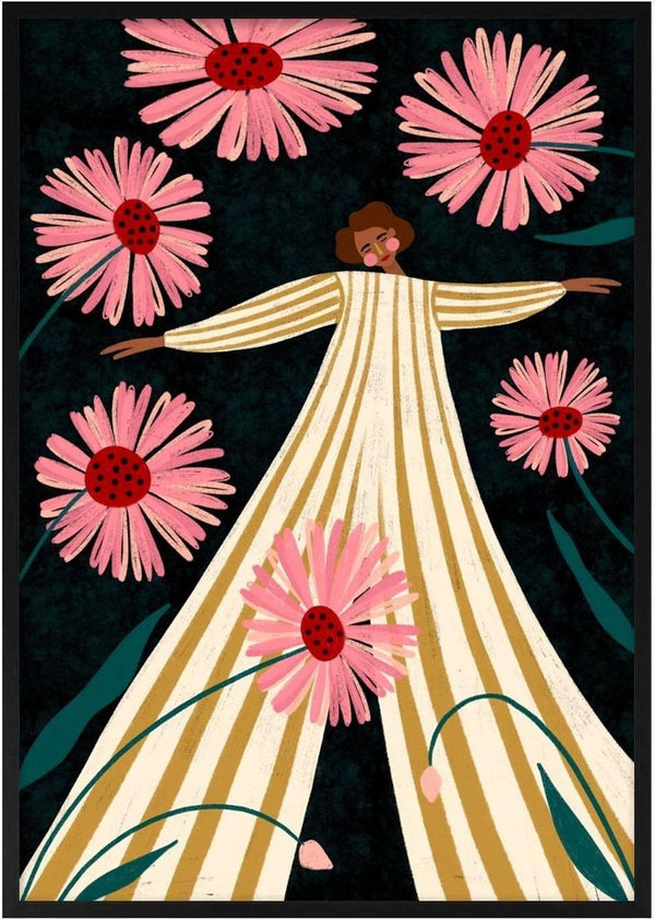 Illustration of a woman in a striped dress surrounded by large pink flowers for Rise Up by Bea Muller.