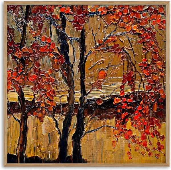 Impressionist autumn trees with red leaves by a river, from River 02 by Justyna Kopania.