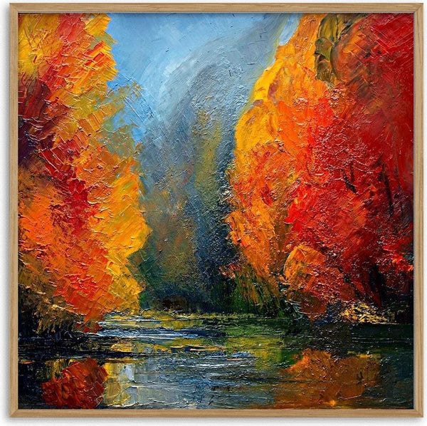 Impressionist painting of a river surrounded by vibrant autumn trees, from River by Justyna Kopania.