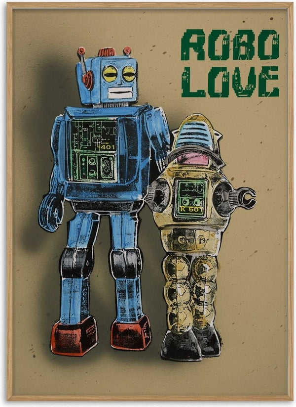 Robo Love by Carl Smith ART - two vintage tin toy robots in blue and gold