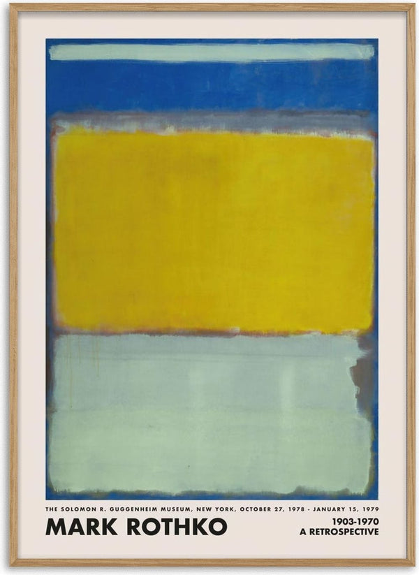 Abstract painting by Mark Rothko featuring bold blue, yellow, and green color blocks on a cream background.