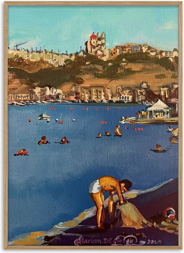 Santa Marija by Mariam De Giorgio - swimmers in a deep blue bay below a golden hillside town