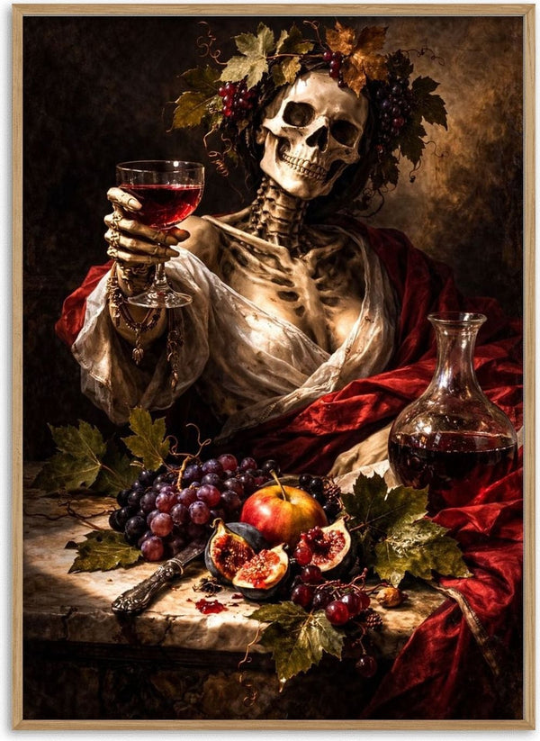 Santa Muerte, A Tribute to Caravaggio's Bacchus by Devour Art - vine-crowned skeleton raising a glass of red wine over grapes and figs