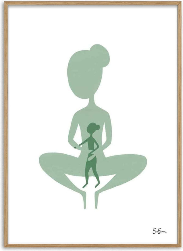 Minimalist poster art of a large seated figure holding a smaller human silhouette, by Sara Sonne.