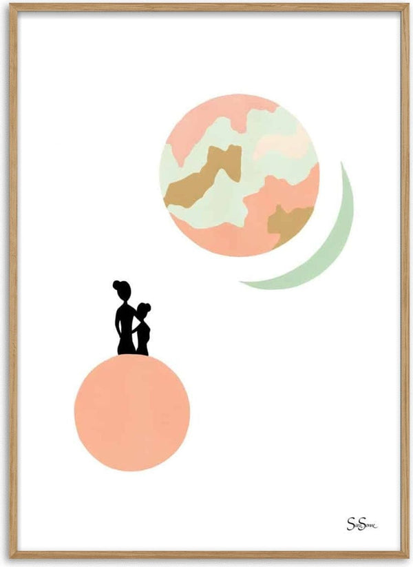 Minimalist art by Sara Sonne-Heldby of two figures on a peach planet with abstract planets above.