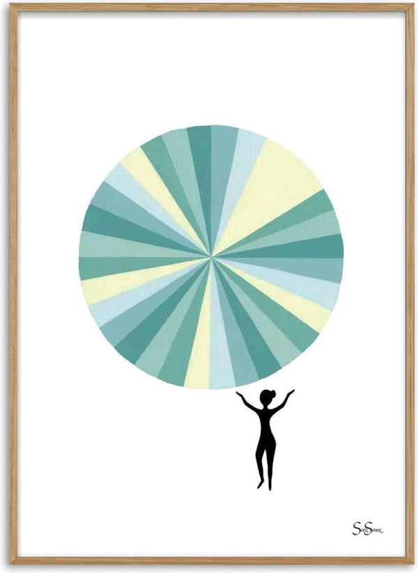 Minimalist art print of a woman holding a large, pastel-colored radial sunburst circle above her head.