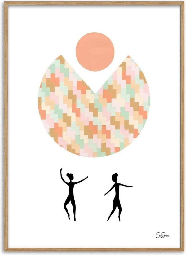 Abstract artwork for Sara Sonne - Open featuring two dancing figures and a patterned semicircle with a sun above.
