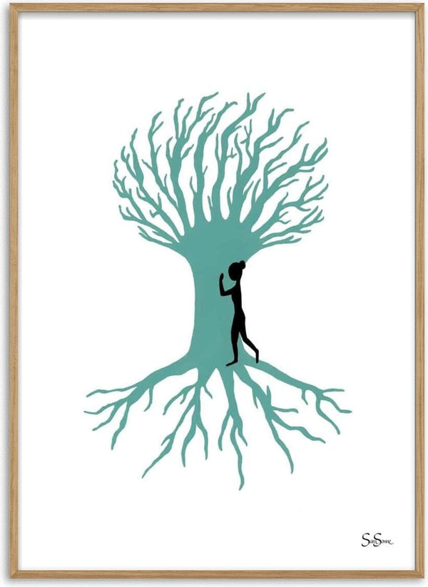 Minimalist art print of a person walking inside a tree with visible roots, by Sara Sonne, on a white background.