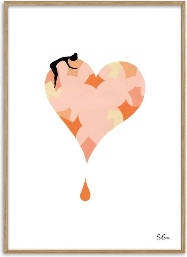 Abstract heart with floral pattern, a woman resting on top, and a single teardrop below. Sara Sonne – Stay.