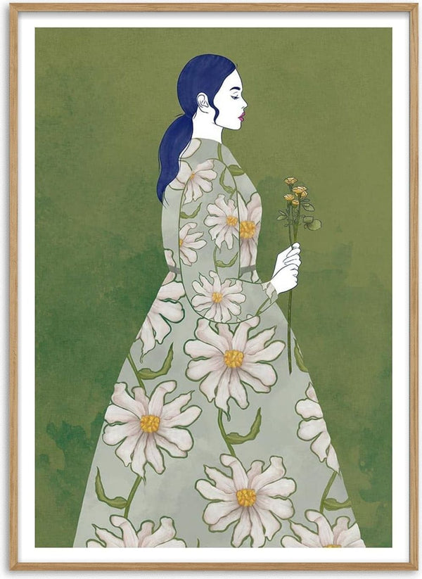 Illustration of a woman in a floral dress holding yellow flowers, from Search For Your Smile by Elara Monet.