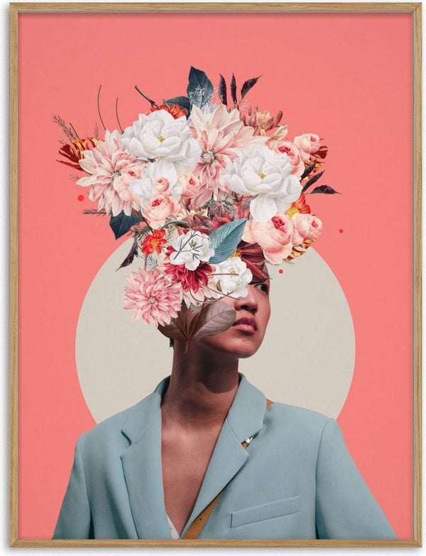 Surreal portrait of a person in a teal blazer with a large bouquet of flowers blooming from their head.