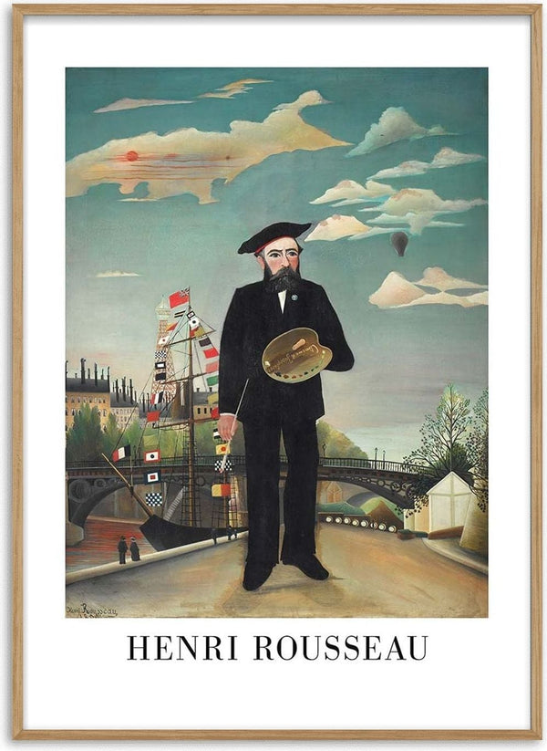 Self Portrait 1890 by Henri Rousseau; artist in black suit with palette, urban and sky background.