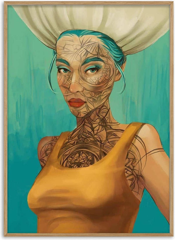 Artistic portrait of a woman with blue hair, bold lips, floral tattoos, and a yellow top on teal background.
