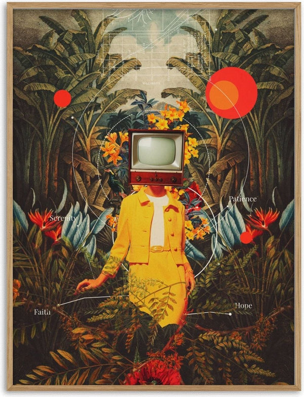 Surreal art of a woman in yellow with a TV for a head, surrounded by lush plants and abstract shapes.