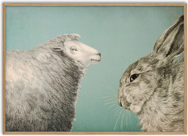 Landscape poster of an engraved sheep and hare facing each other against a flat turquoise background.
