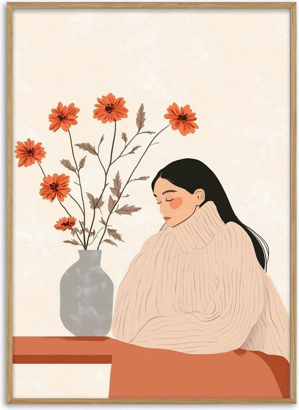 Silence please by Annika Persson - a woman in a cream turtleneck beside a grey vase of orange daisies