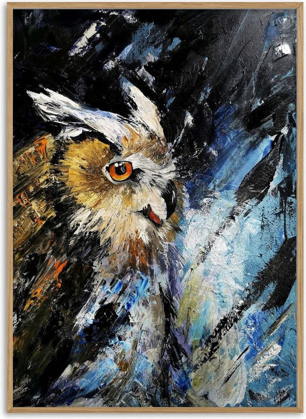 Silent wisdom by Lüba - an eagle owl's head in gold and white against blue and black strokes