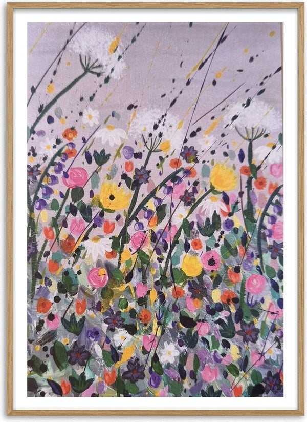 Silver street by Rebecca Wright - yellow and pink meadow flowers under a pale lilac grey sky