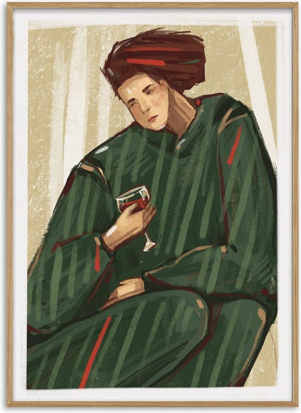 Abstract art of a person in green clothing holding a glass of wine, featured on the Sipping Wine Plakat product page.
