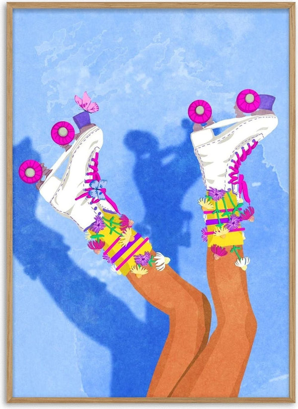 Illustration of legs wearing white roller skates with colorful laces and leg warmers against a blue background.