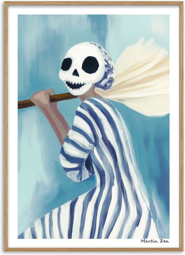 Painting of a figure in striped clothing holding a broom, wearing a skull mask. Art by Martin Zen for Skt. Hans.