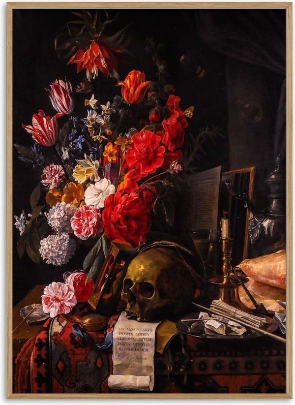Vintage poster featuring a skull, vibrant flowers, books, and antique objects on a richly patterned table.