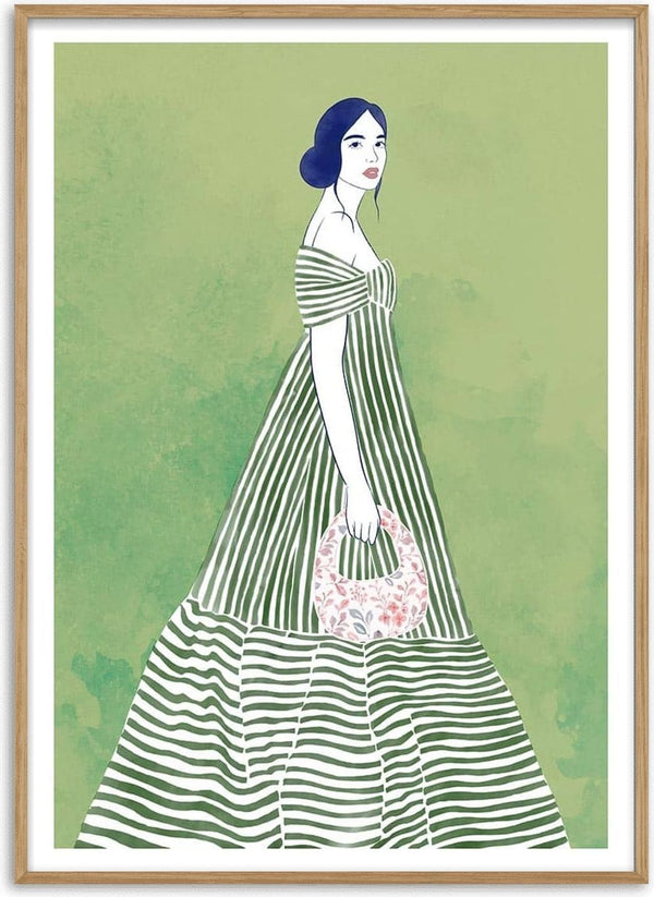 Illustration of a woman in a striped dress holding a floral wreath, featured for Sky Of Dreams - Elara Monet.