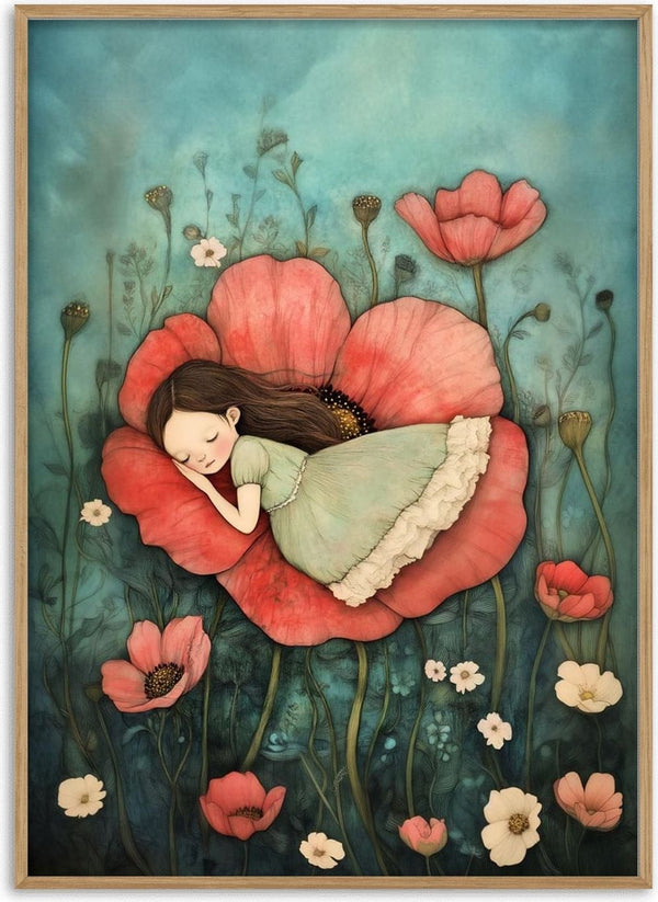 Illustration of a girl sleeping peacefully on a large red poppy flower, surrounded by blooming poppies.